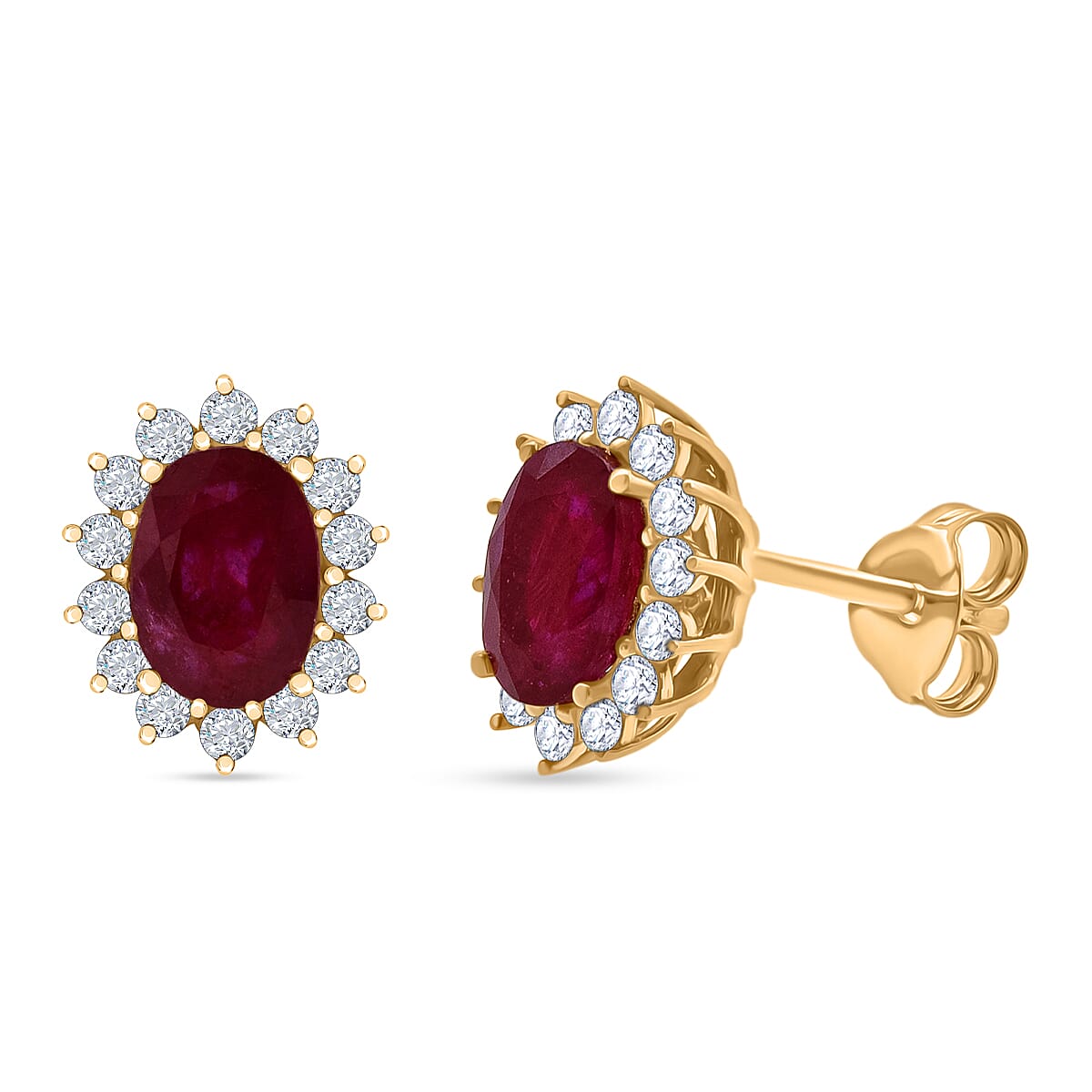 D'Joy AAA African Ruby &amp; White Zircon Oval Cut Halo Earring with Push Back in Yellow Gold Plated Sterling Silver 2.92 Ct. 8448309 0