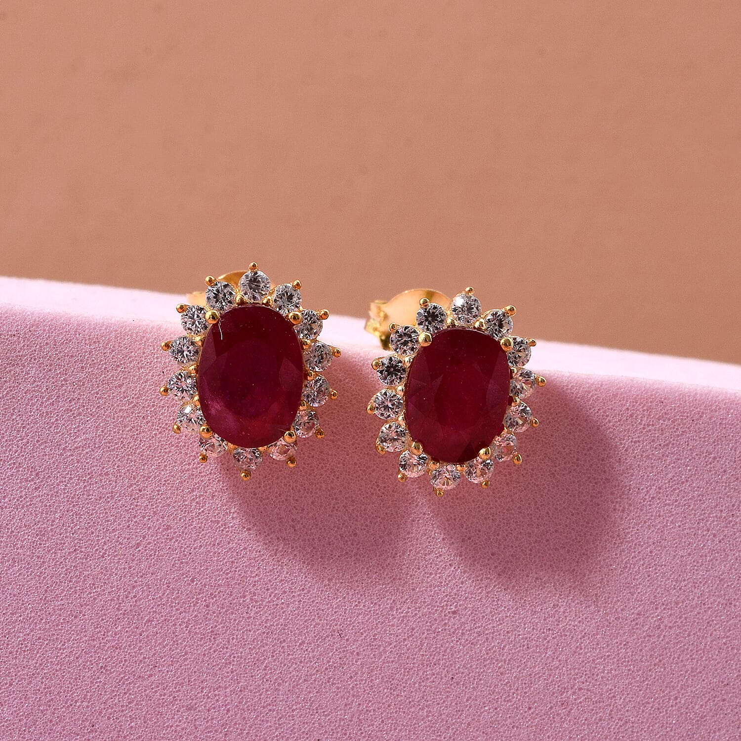 D'Joy AAA African Ruby &amp; White Zircon Oval Cut Halo Earring with Push Back in Yellow Gold Plated Sterling Silver 2.92 Ct. 8448309 1