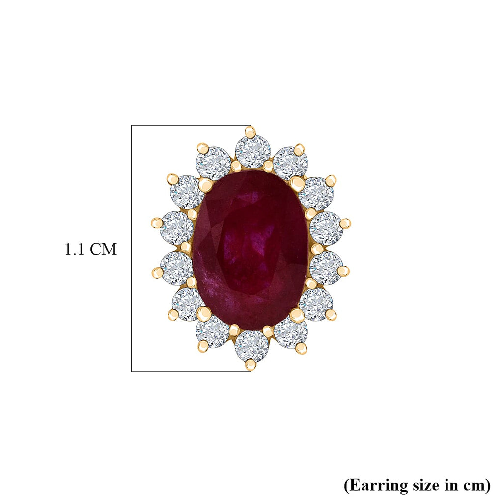 D'Joy AAA African Ruby & White Zircon Oval Cut Halo Earring with Push Back in Yellow Gold Plated Sterling Silver 2.92 Ct.