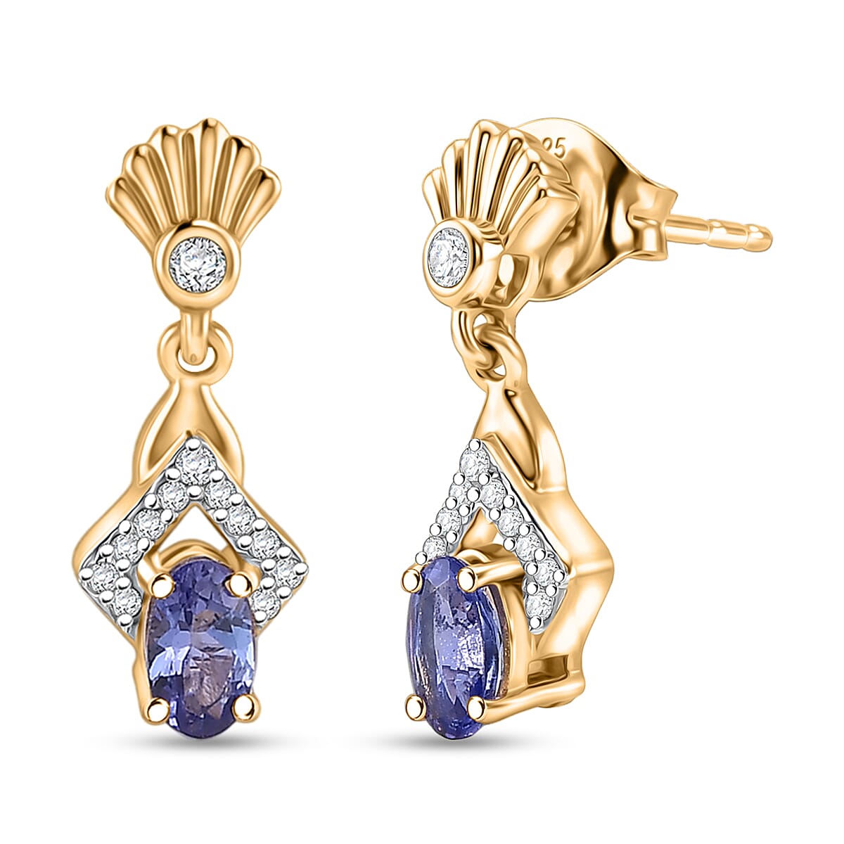 D'Joy - AAA Tanzanite &amp; White Zircon Dangling Earring with Push Post in Yellow Gold Plated Sterling Silver 8572269 0
