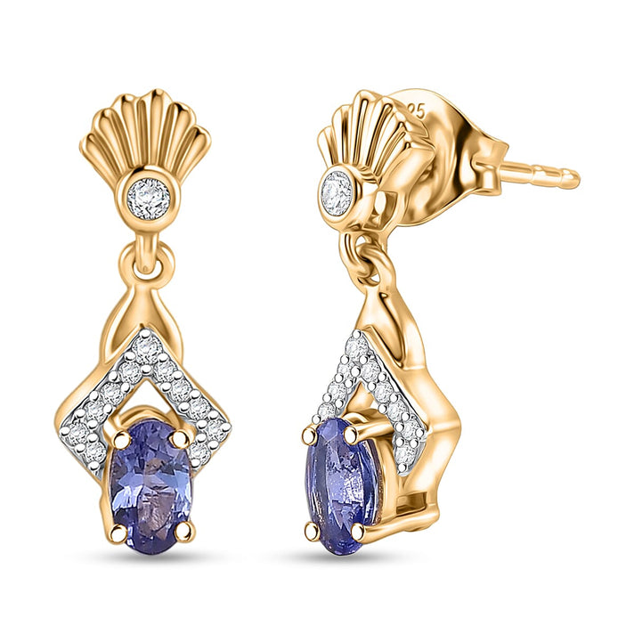 D'Joy - AAA Tanzanite &amp; White Zircon Dangling Earring with Push Post in Yellow Gold Plated Sterling Silver 8572269 1