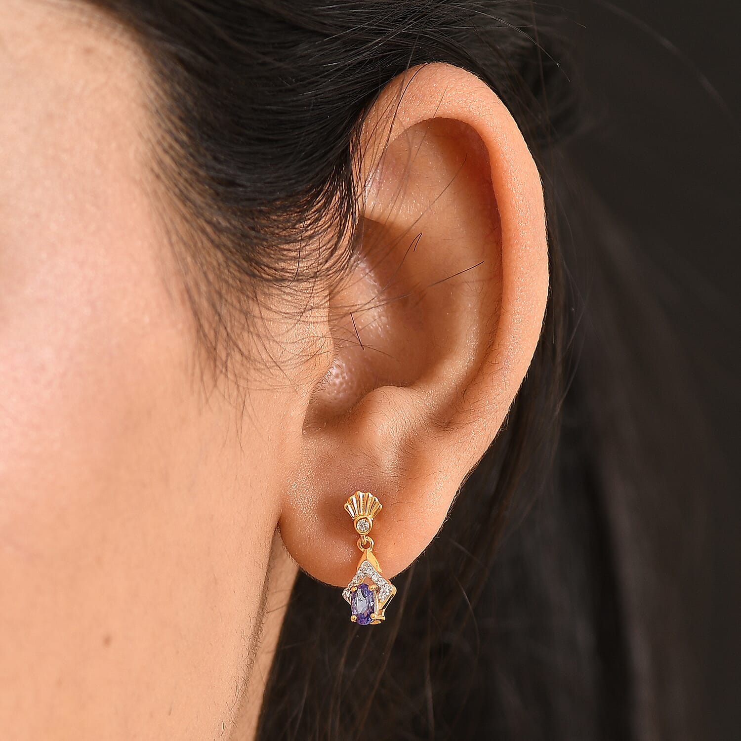 D'Joy - AAA Tanzanite &amp; White Zircon Dangling Earring with Push Post in Yellow Gold Plated Sterling Silver 8572269 2