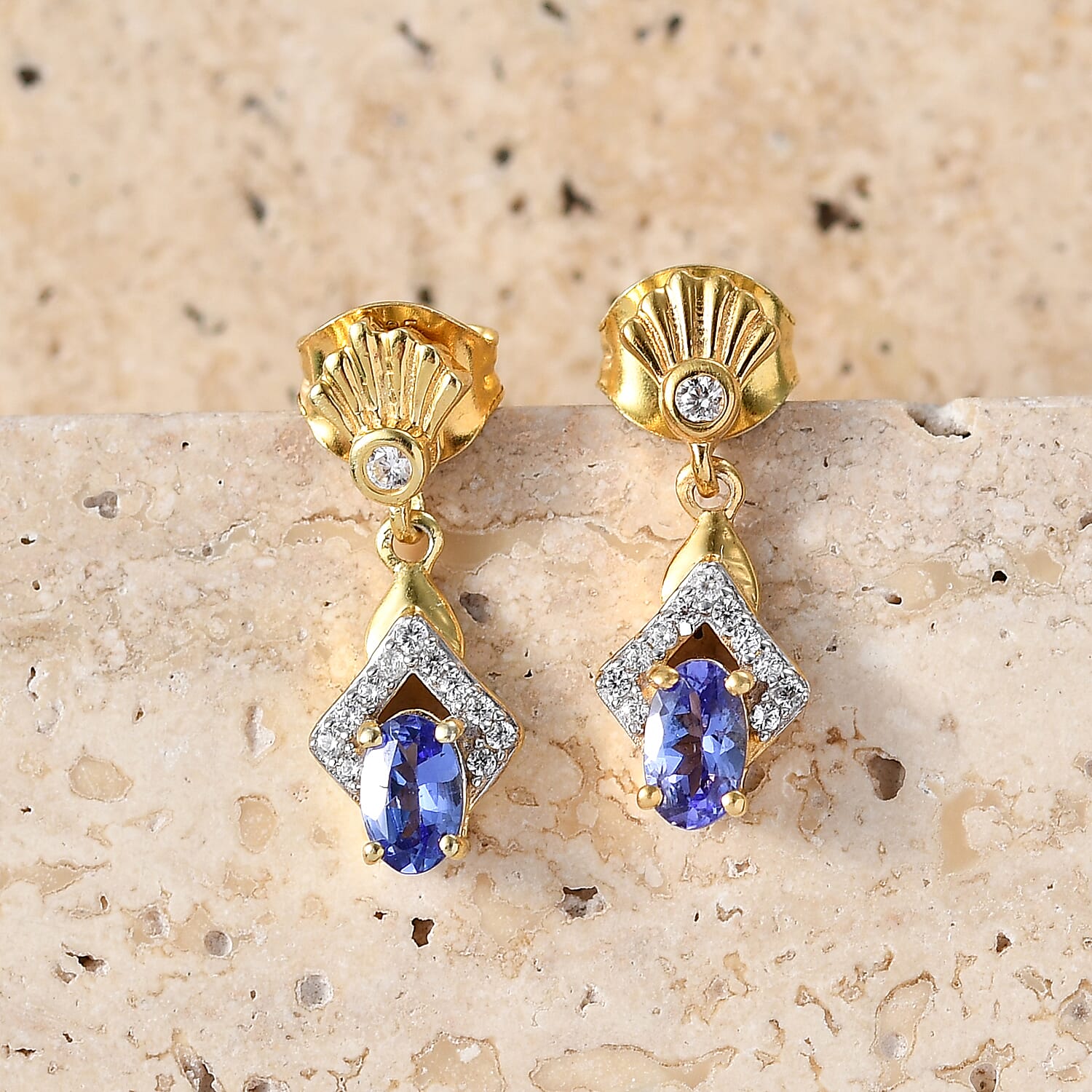 D'Joy - AAA Tanzanite &amp; White Zircon Dangling Earring with Push Post in Yellow Gold Plated Sterling Silver 8572269 3