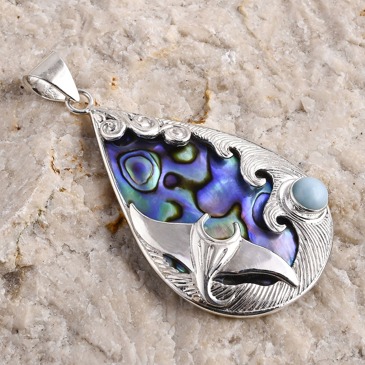 Royal Bali Collection - Abalone Shell &amp; Larimar Pendant Sterling Silver 2.43 Ct, Silver Wt. 5.27 Gms. 8285771 1