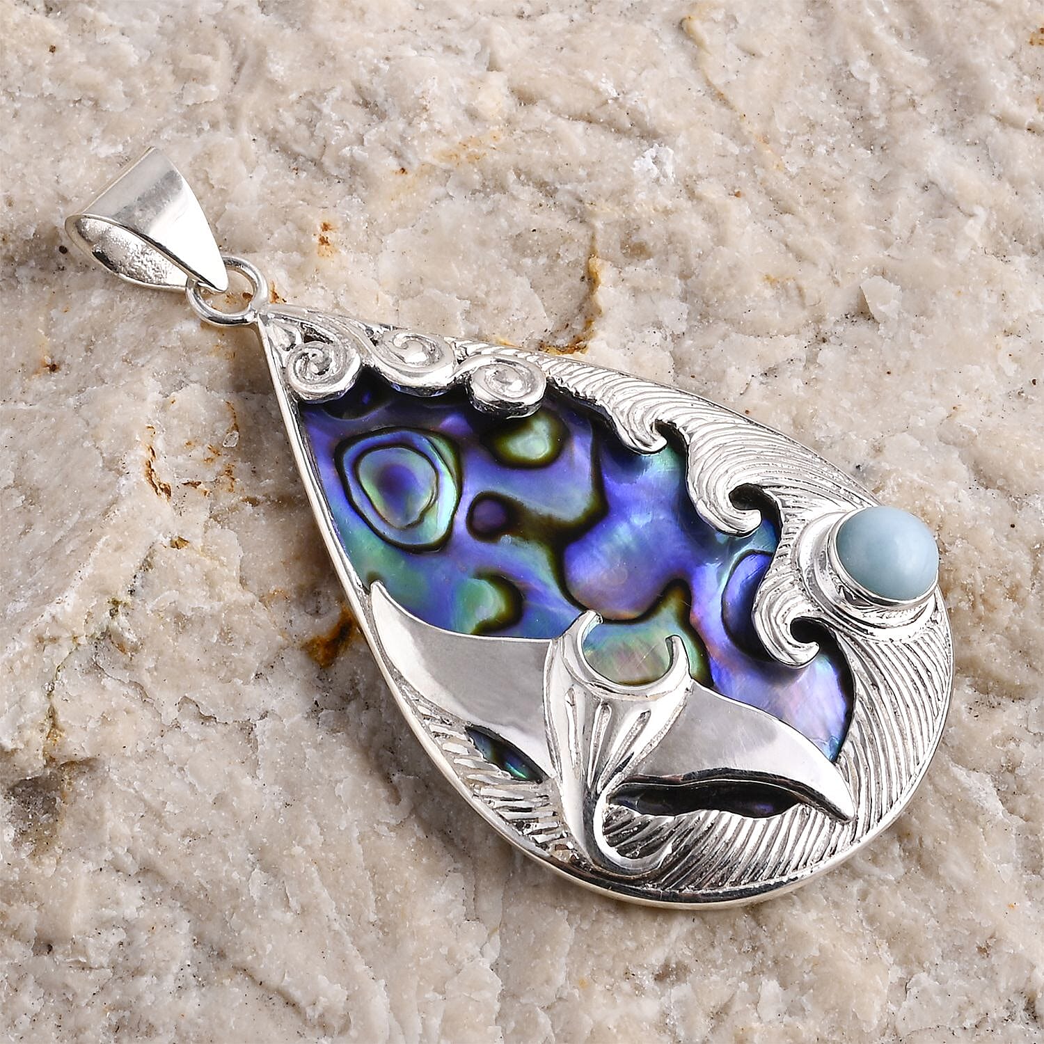 Royal Bali Collection - Abalone Shell &amp; Larimar Pendant Sterling Silver 2.43 Ct, Silver Wt. 5.27 Gms. 8285771 1