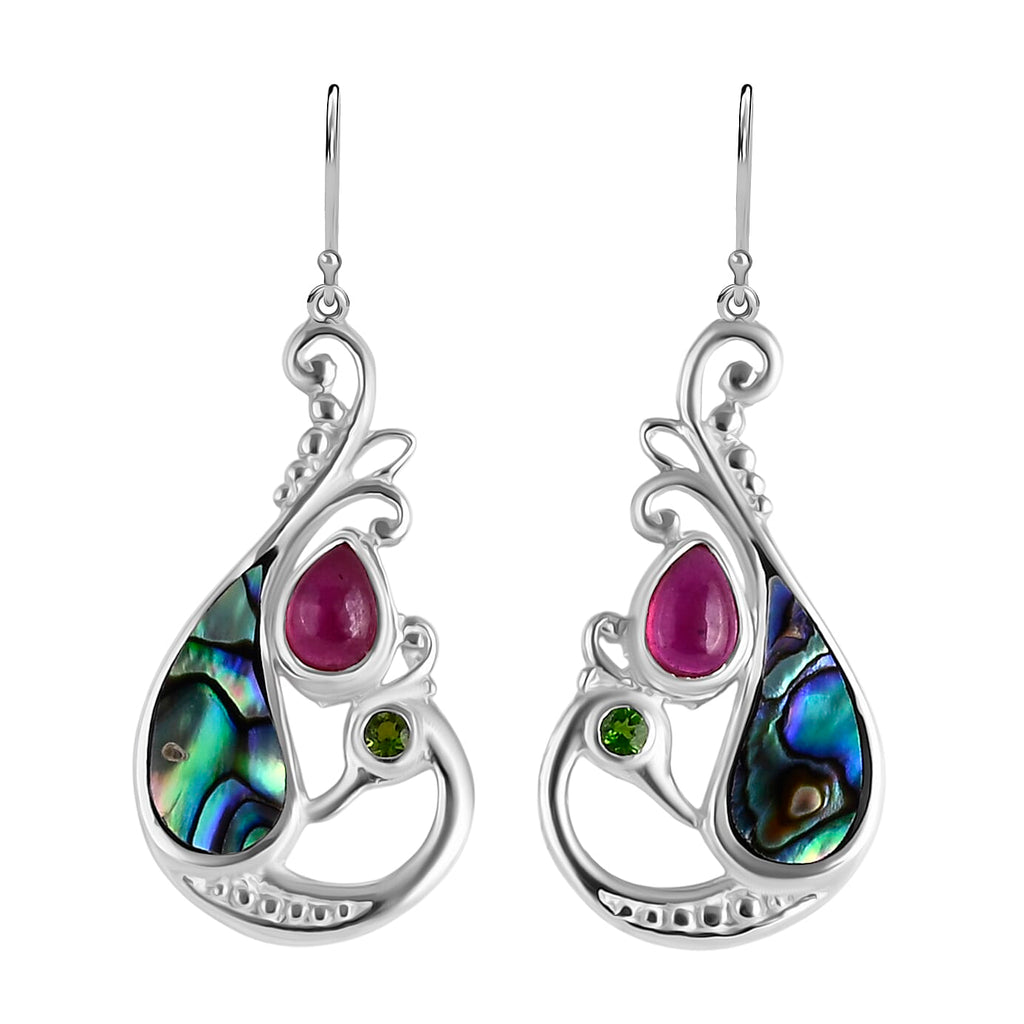 Royal Bali Collection - D'Joy Abalone Shell, Natural Chrome Diopside & African Ruby Earring with Hook in Sterling Silver 3.47 Ct.