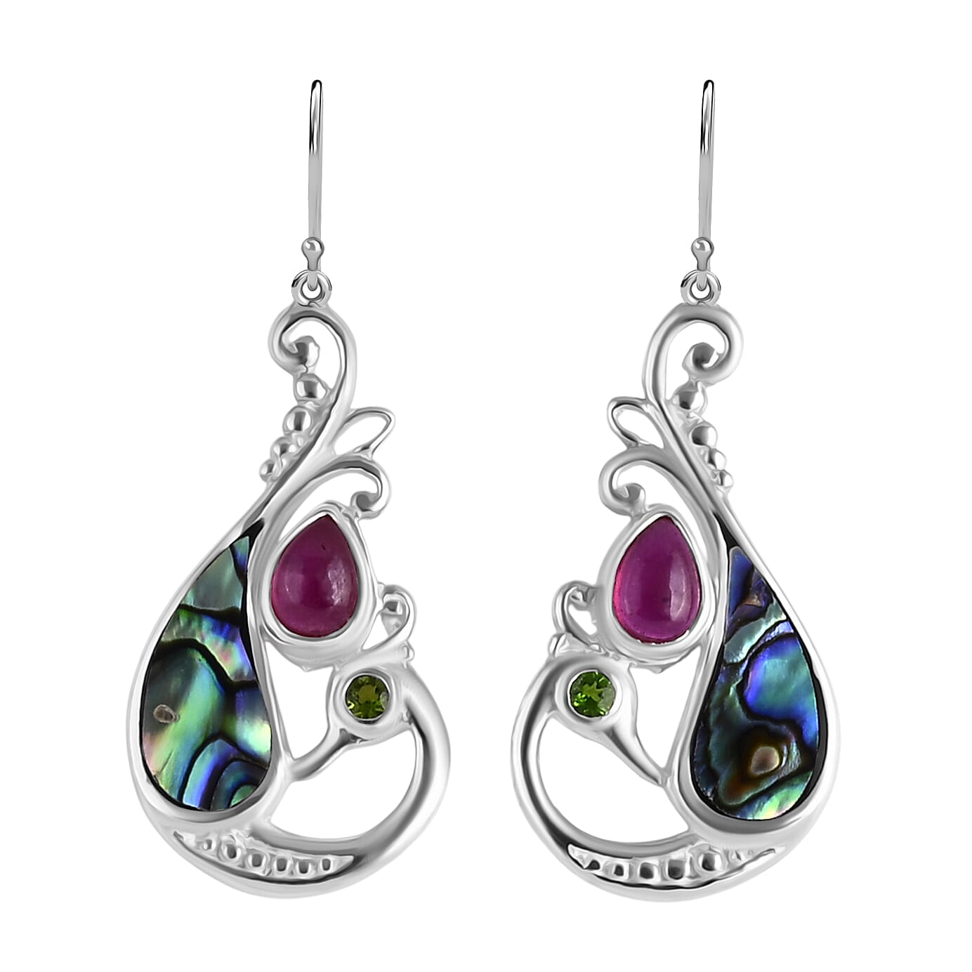 Royal Bali Collection - D'Joy Abalone Shell, Natural Chrome Diopside &amp; African Ruby Earring with Hook in Sterling Silver 3.47 Ct. 8286506 0