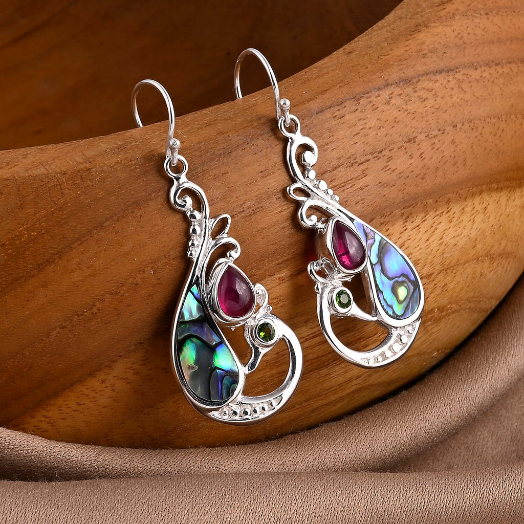 Royal Bali Collection - D'Joy Abalone Shell, Natural Chrome Diopside & African Ruby Earring with Hook in Sterling Silver 3.47 Ct.