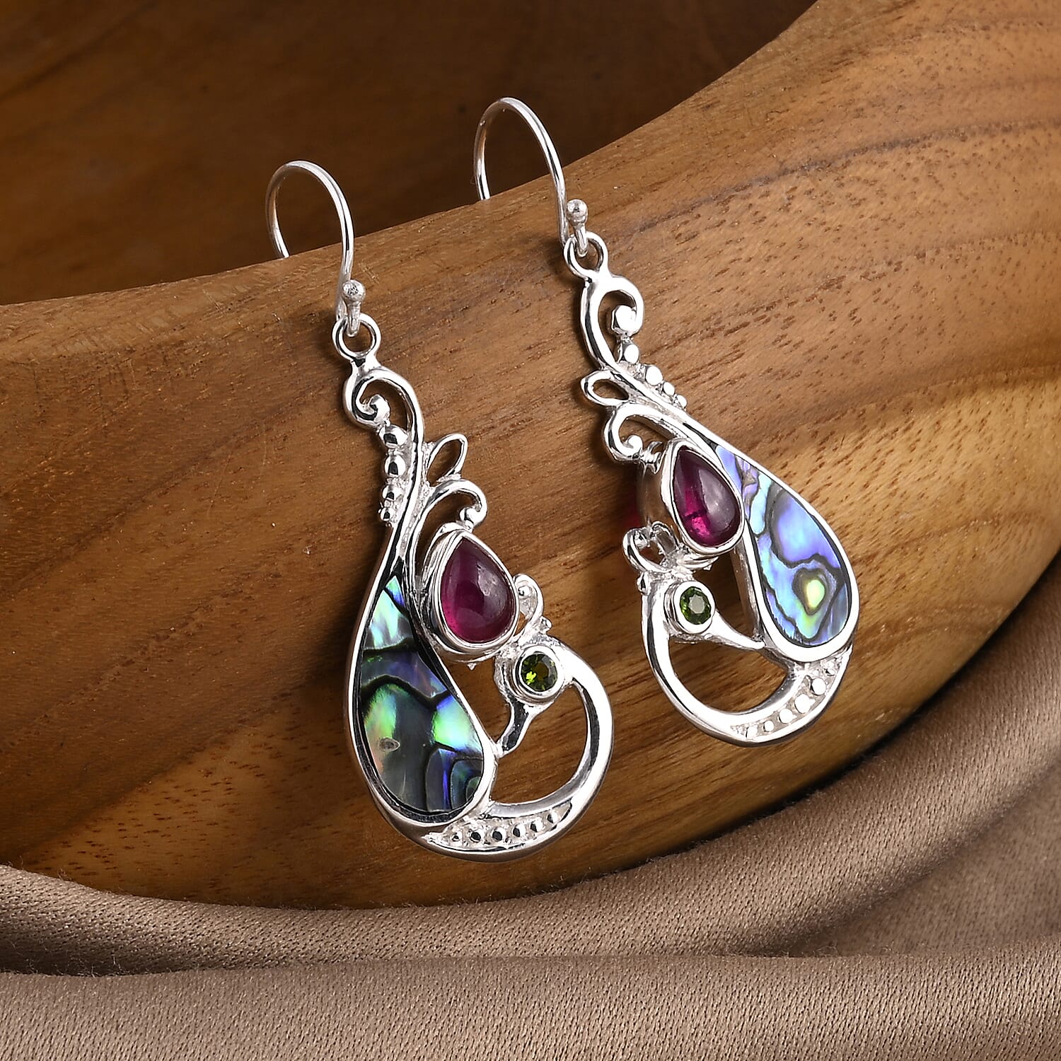 Royal Bali Collection - D'Joy Abalone Shell, Natural Chrome Diopside &amp; African Ruby Earring with Hook in Sterling Silver 3.47 Ct. 8286506 2