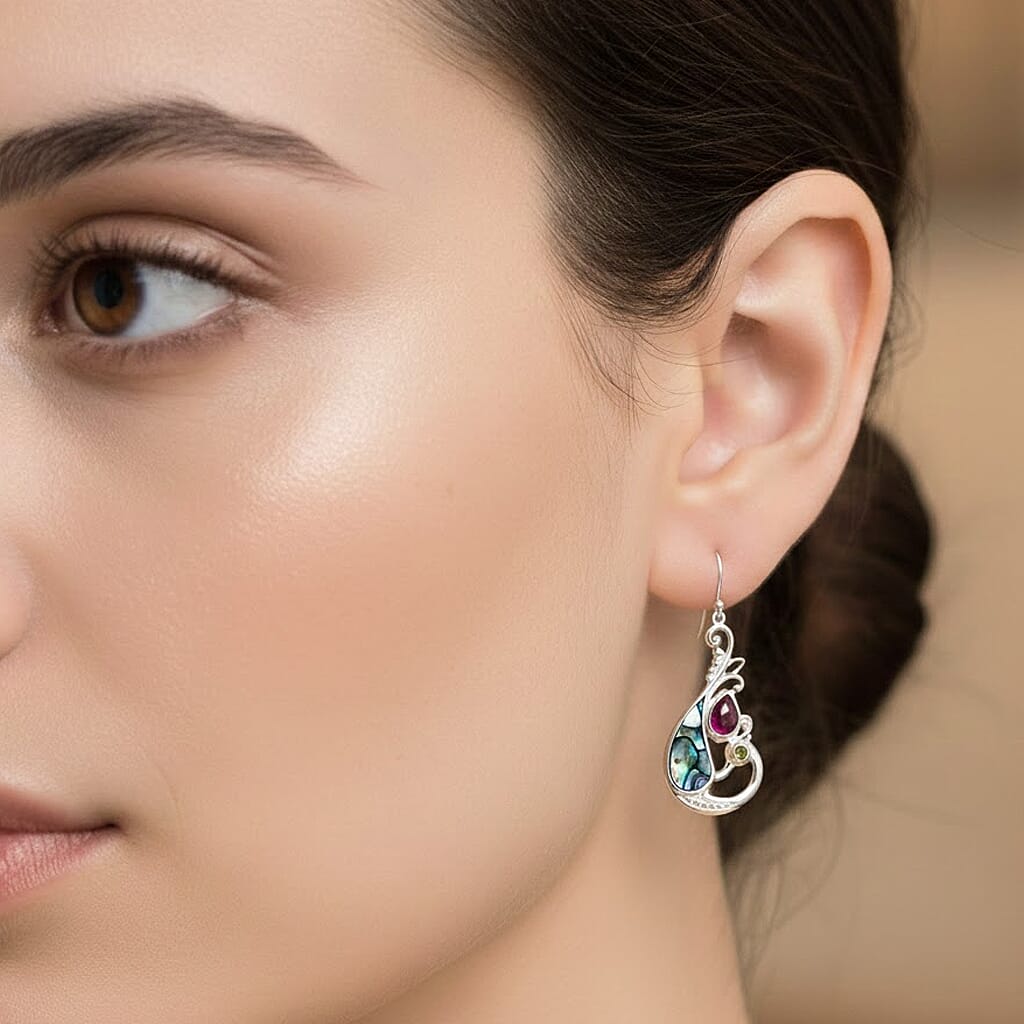 Royal Bali Collection - D'Joy Abalone Shell, Natural Chrome Diopside &amp; African Ruby Earring with Hook in Sterling Silver 3.47 Ct. 8286506 3