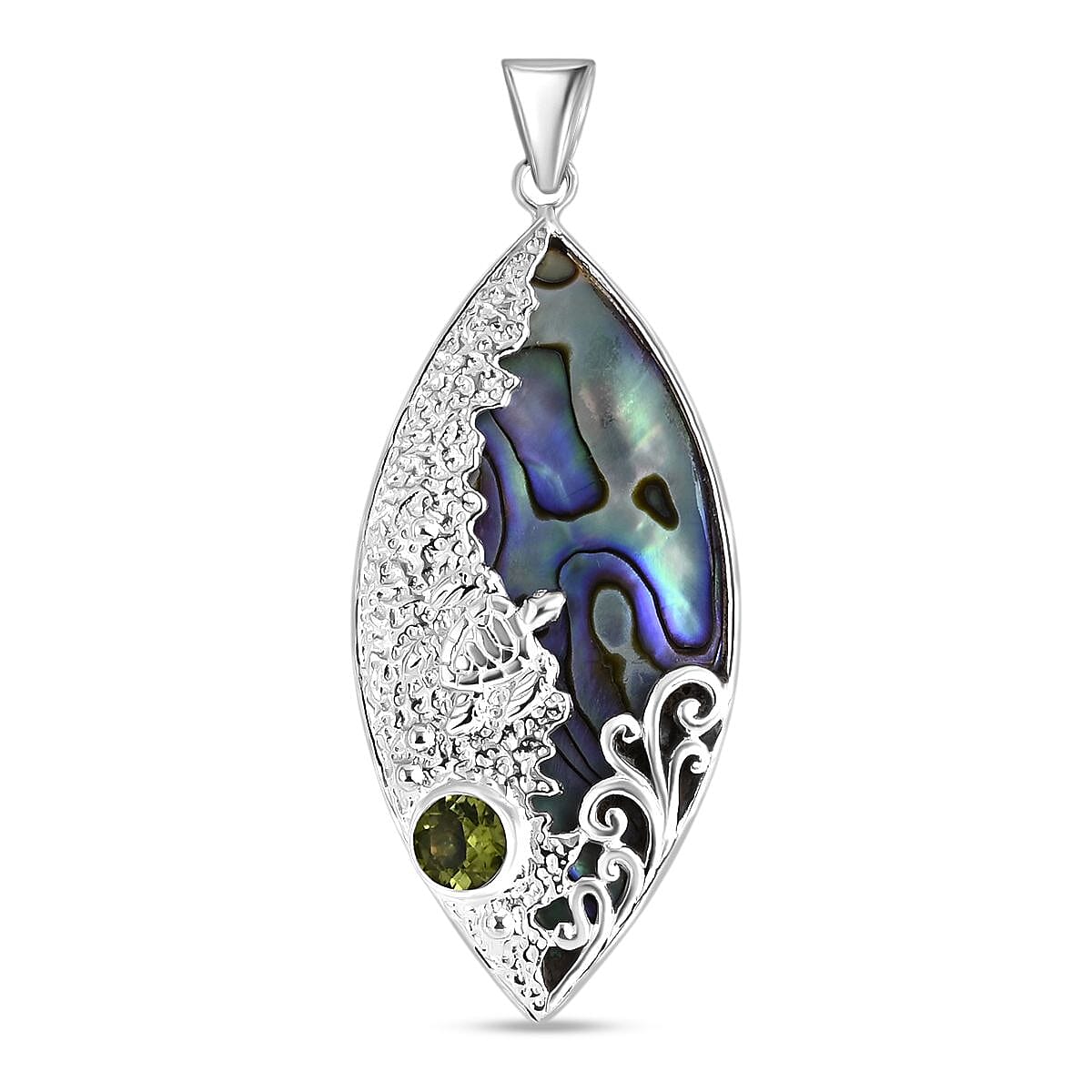 Royal Bali Collection - Abalone Shell &amp; Peridot Fish Pendant Sterling Silver 1.63 Ct, Silver Wt. 6.13 Gms. 8285772 0
