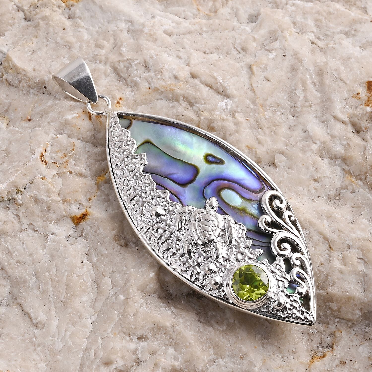 Royal Bali Collection - Abalone Shell &amp; Peridot Fish Pendant Sterling Silver 1.63 Ct, Silver Wt. 6.13 Gms. 8285772 1