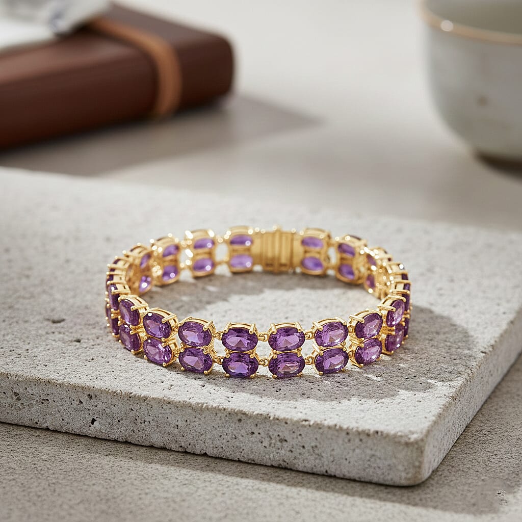 D'Joy AAA Uruguay Amethyst Dual Row Bracelet (Size - 7) in Yellow Gold Plated Sterling Silver 30.43 Ct. 8380604 2