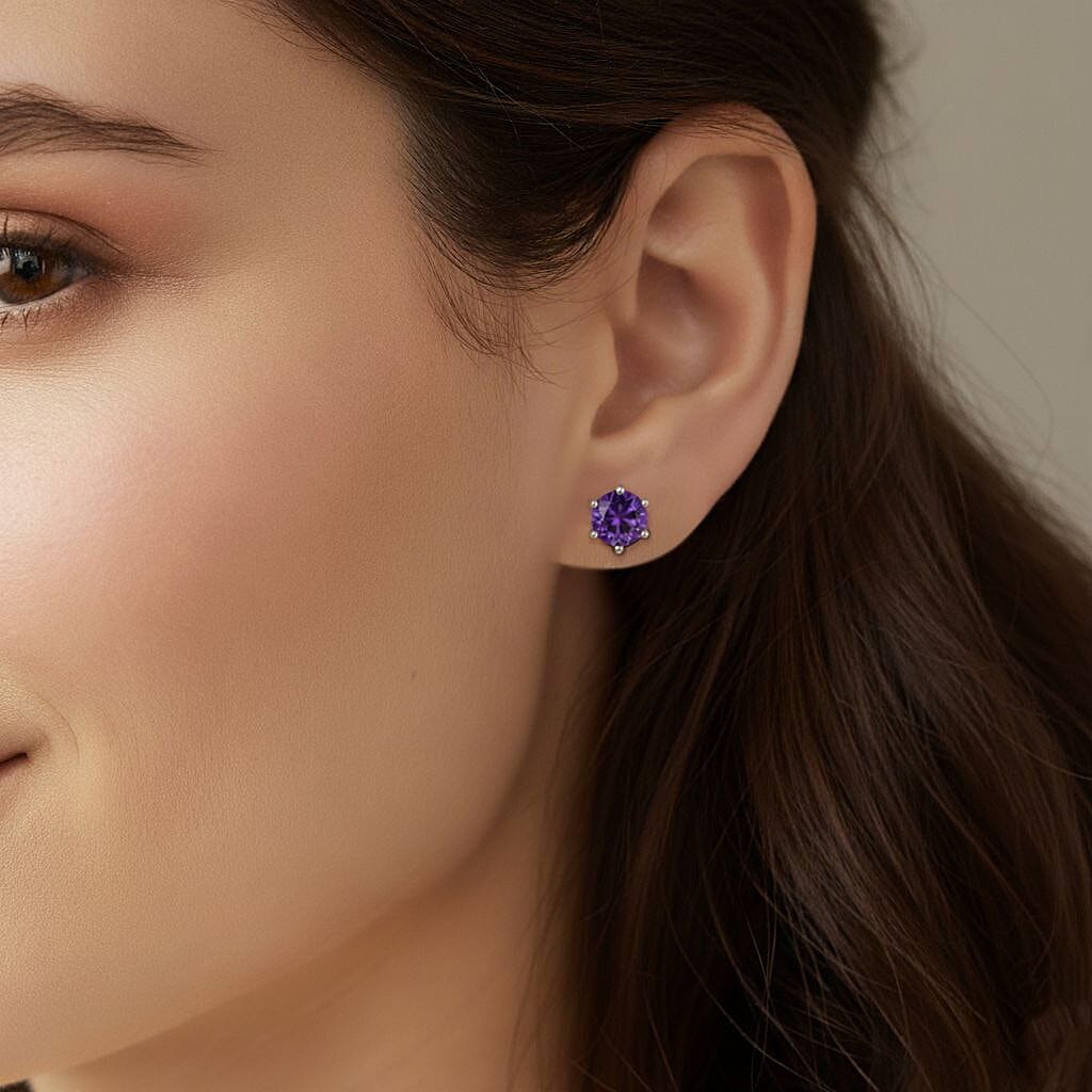 D'Joy 1.53 Ct. African Amethyst Solitaire Stud Earring in Rhodium Overlay Sterling Silver 8296274 2