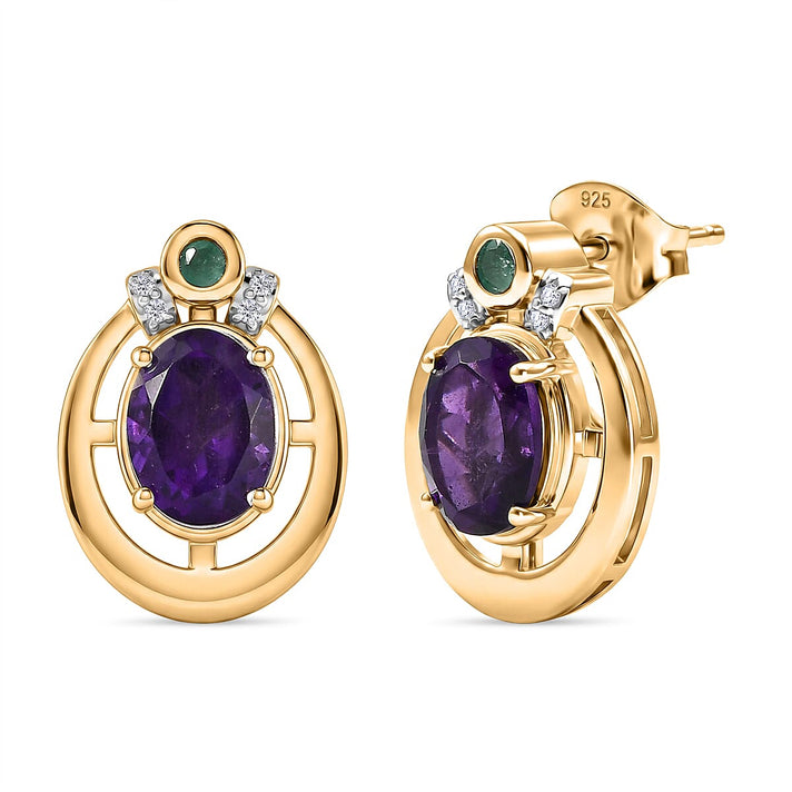 D'Joy - African Amethyst, Emerald &amp; White Zircon Earring with Push Back in Yellow Gold Plated Sterling Silver 2.48 Ct. 8481308 1