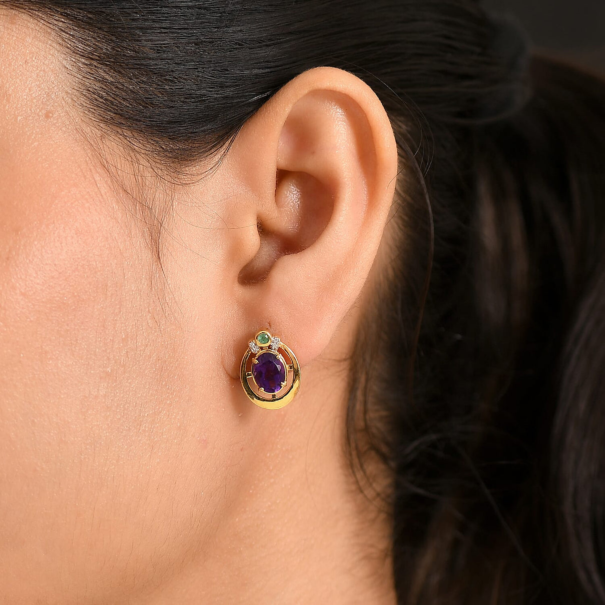 D'Joy - African Amethyst, Emerald &amp; White Zircon Earring with Push Back in Yellow Gold Plated Sterling Silver 2.48 Ct. 8481308 2
