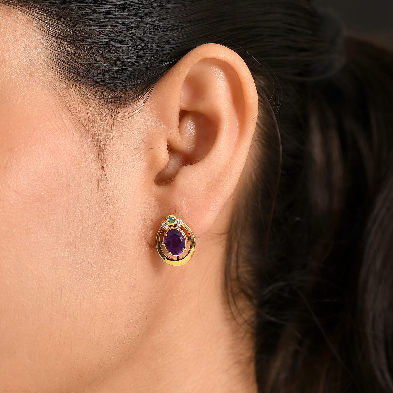 D'Joy - African Amethyst, Emerald &amp; White Zircon Earring with Push Back in Yellow Gold Plated Sterling Silver 2.48 Ct. 8481308 2