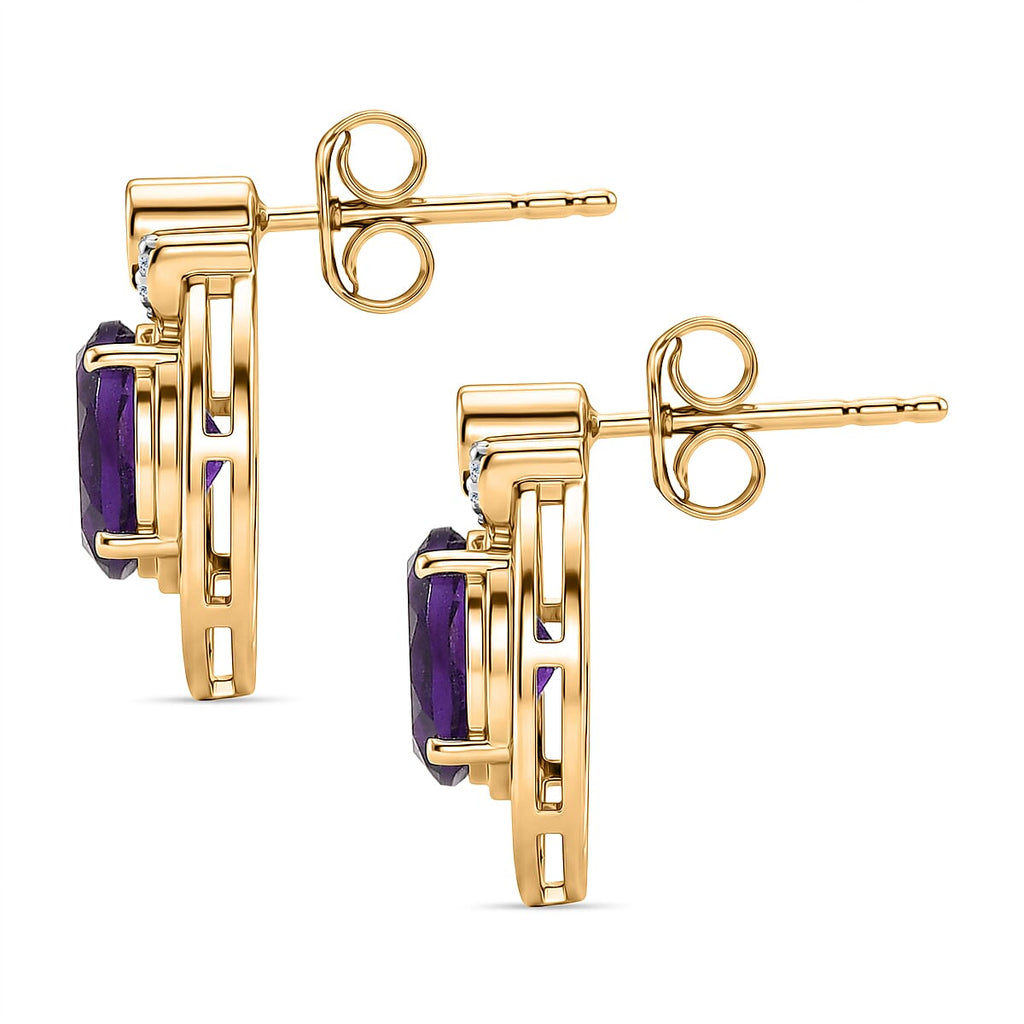 D'Joy - African Amethyst, Emerald & White Zircon Earring with Push Back in Yellow Gold Plated Sterling Silver 2.48 Ct.