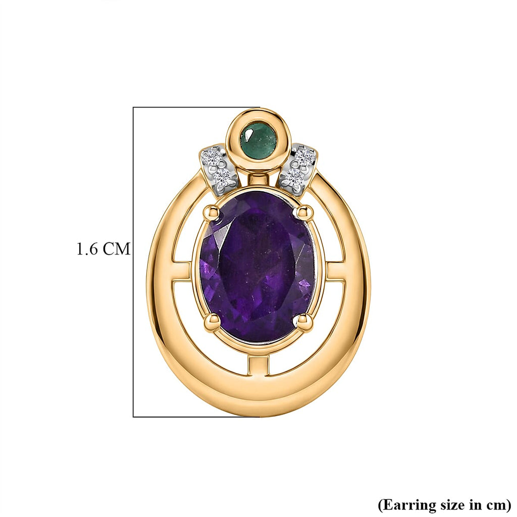 D'Joy - African Amethyst, Emerald & White Zircon Earring with Push Back in Yellow Gold Plated Sterling Silver 2.48 Ct.