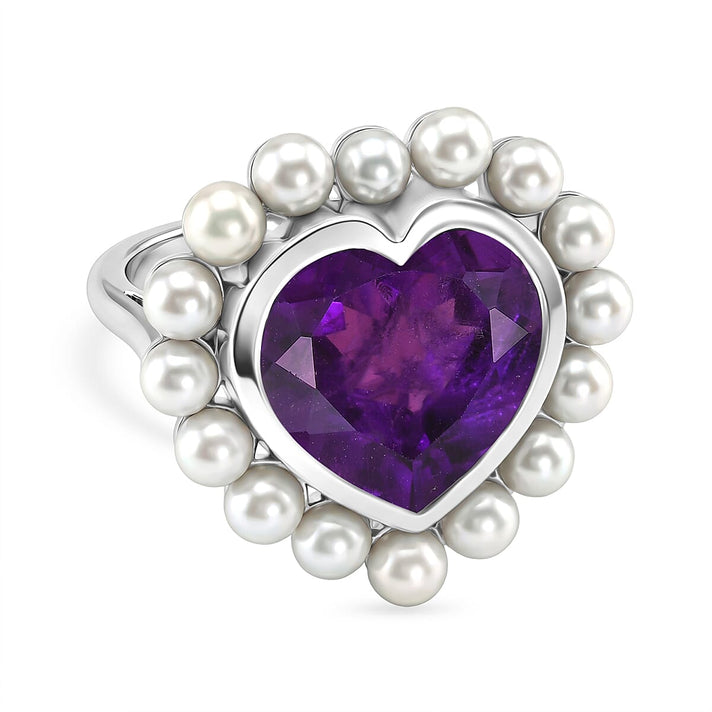 D'Joy - AAA African Amethyst &amp; Fresh Water Pearl Heart Ring in Rhodium Overlay Sterling Silver 12.15 Ct. 8481296 1