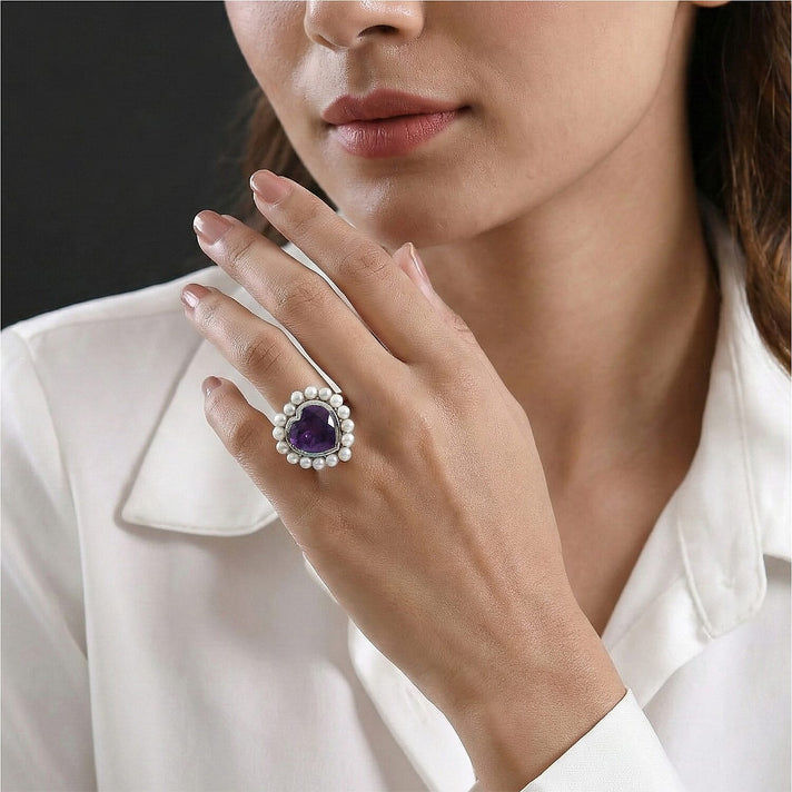 D'Joy - AAA African Amethyst &amp; Fresh Water Pearl Heart Ring in Rhodium Overlay Sterling Silver 12.15 Ct. 8481296 2