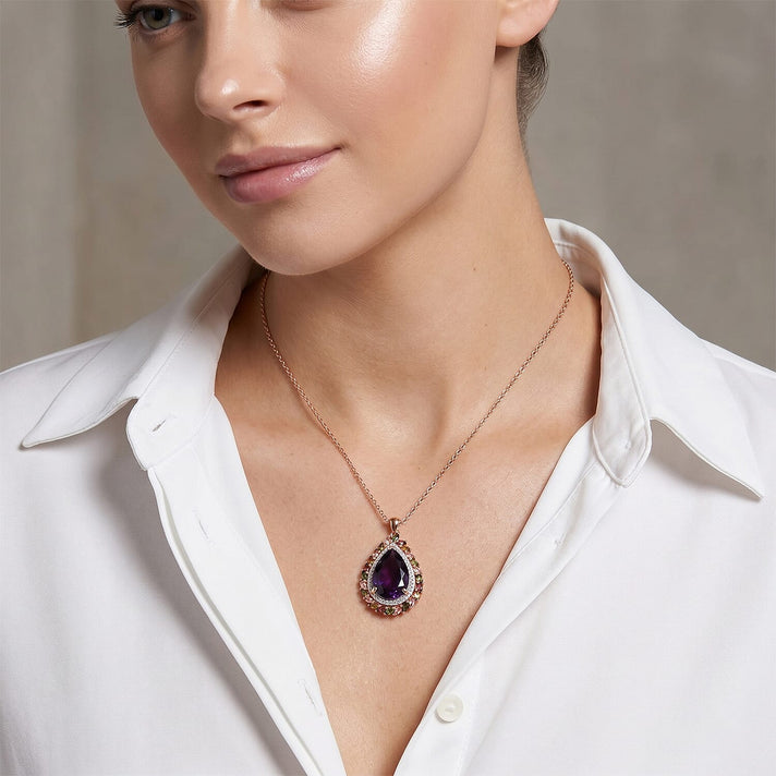 D'Joy African Amethyst, Multi-Tourmaline and White Zircon Pendant with Chain (Size 20) in 18K Vermeil Rose Gold Plated Sterling Silver 11.53 Ct. 4422704 2