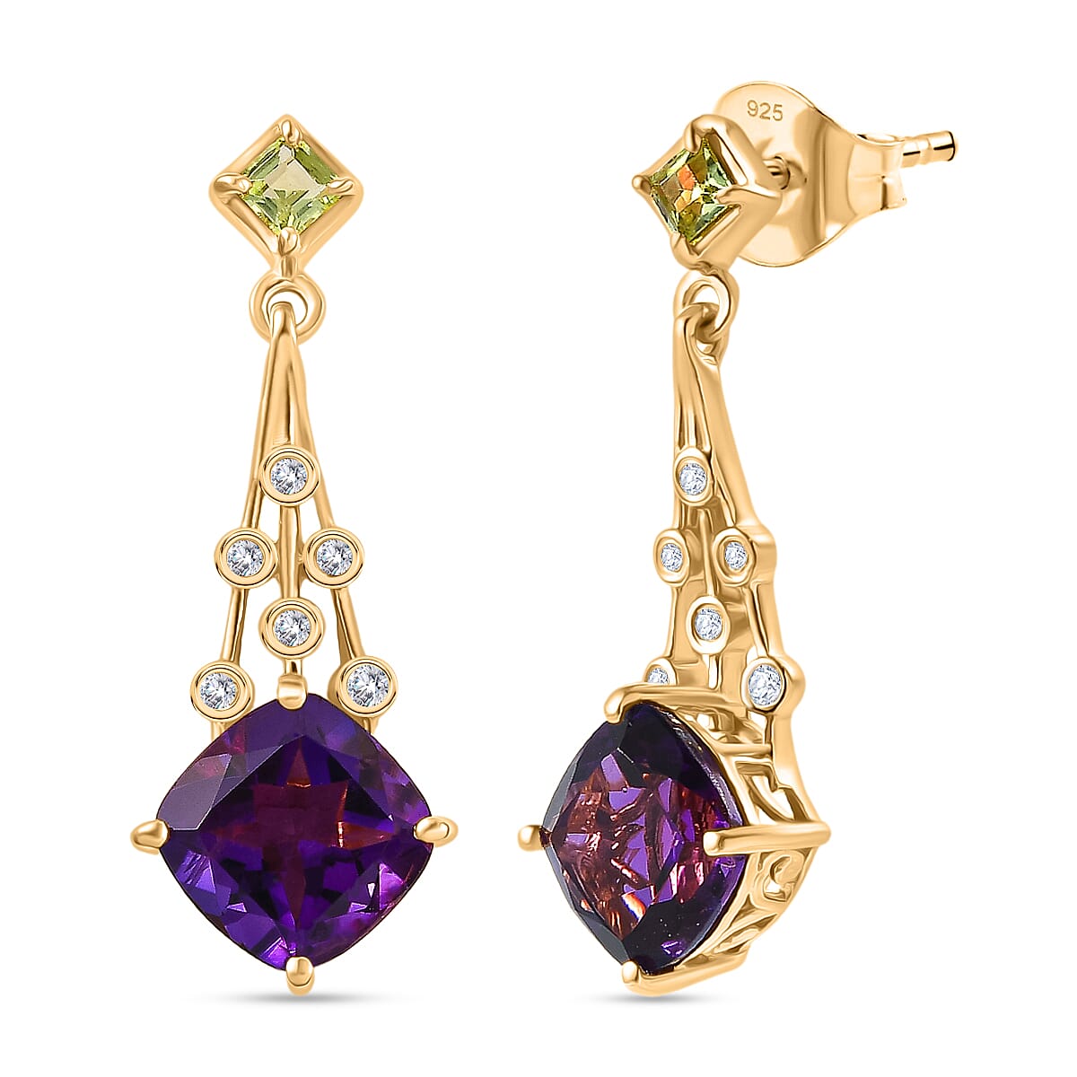 D'Joy - AAA African Amethyst, Peridot &amp; White Zircon Solitaire Earring with Push Back in Yellow Gold Plated Sterling Silver 4.87 Ct. V32518454 0