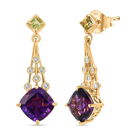 D'Joy - AAA African Amethyst, Peridot &amp; White Zircon Solitaire Earring with Push Back in Yellow Gold Plated Sterling Silver 4.87 Ct. 8486799 1
