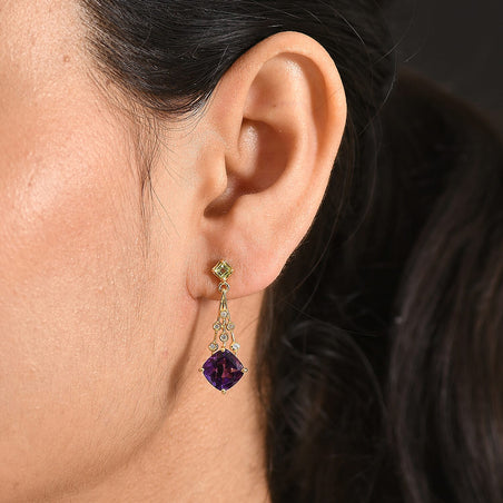 D'Joy - AAA African Amethyst, Peridot &amp; White Zircon Solitaire Earring with Push Back in Yellow Gold Plated Sterling Silver 4.87 Ct. 8486799 2