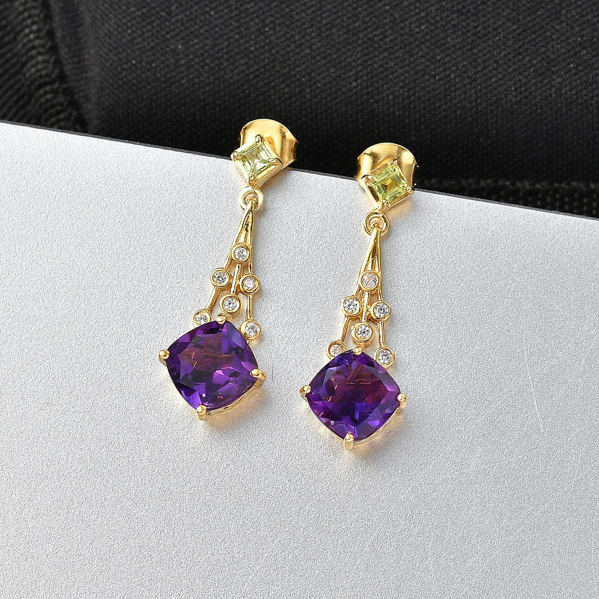 D'Joy - AAA African Amethyst, Peridot &amp; White Zircon Solitaire Earring with Push Back in Yellow Gold Plated Sterling Silver 4.87 Ct. V32518454 3