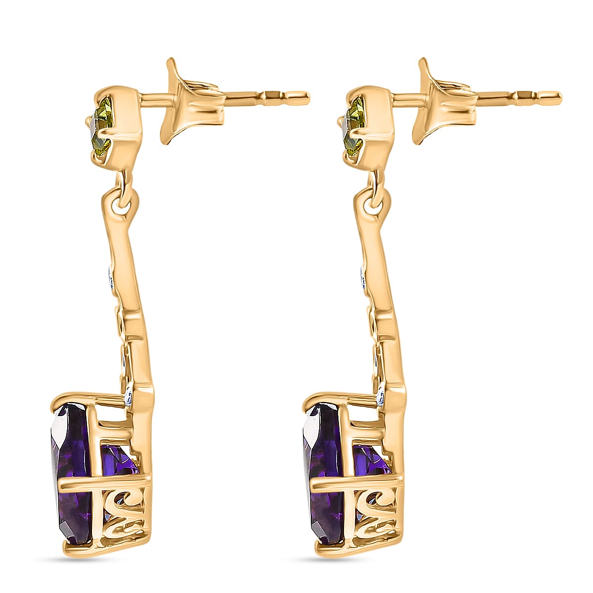 D'Joy - AAA African Amethyst, Peridot &amp; White Zircon Solitaire Earring with Push Back in Yellow Gold Plated Sterling Silver 4.87 Ct. V32518454 4