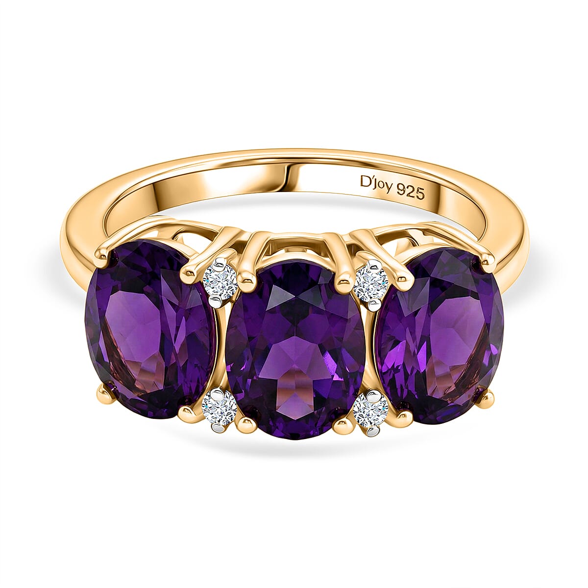 D'Joy AAA African Amethyst &amp; White Zircon Trilogy Ring in Yellow Gold Plated Sterling Silver 3.46 Ct. 8466363 0