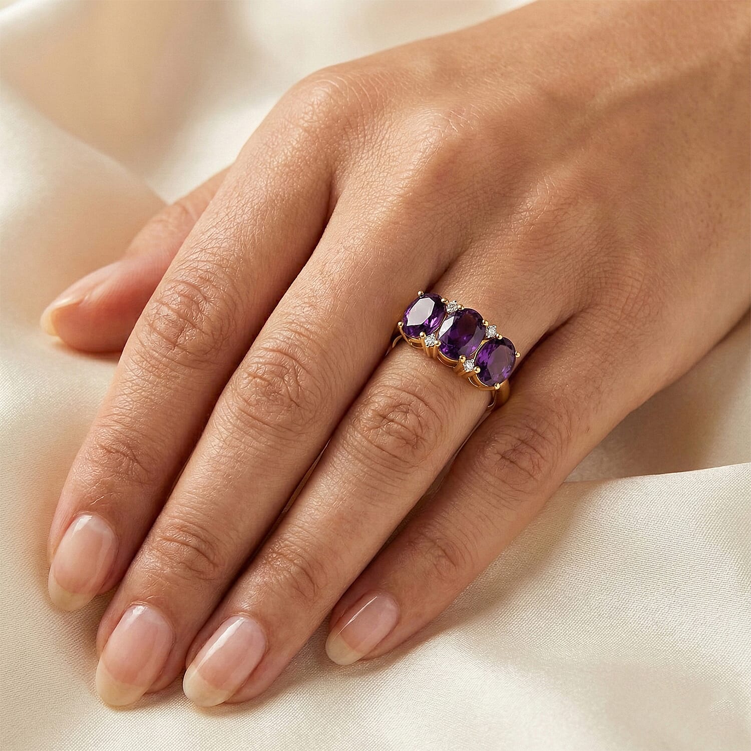 D'Joy AAA African Amethyst &amp; White Zircon Trilogy Ring in Yellow Gold Plated Sterling Silver 3.46 Ct. 8466363 2