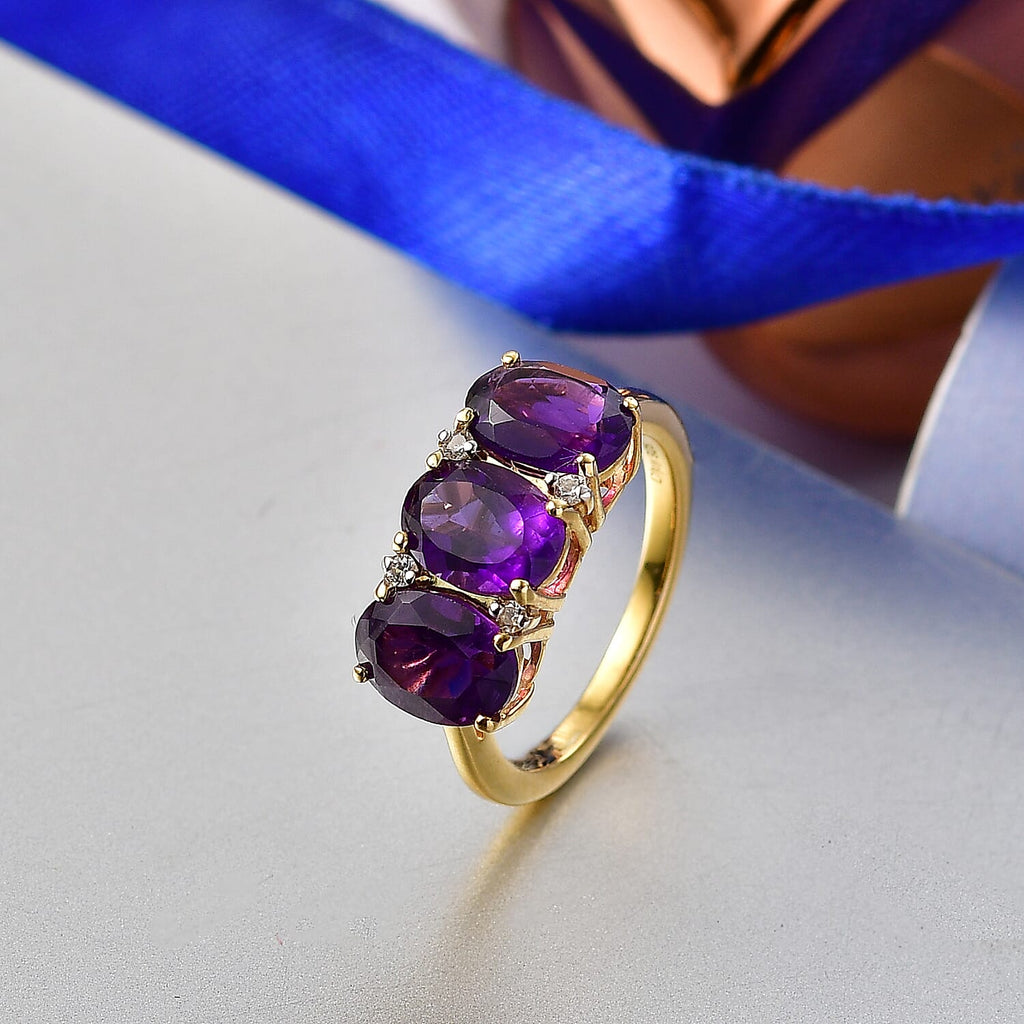 D'Joy AAA African Amethyst & White Zircon Trilogy Ring in Yellow Gold Plated Sterling Silver 3.46 Ct.