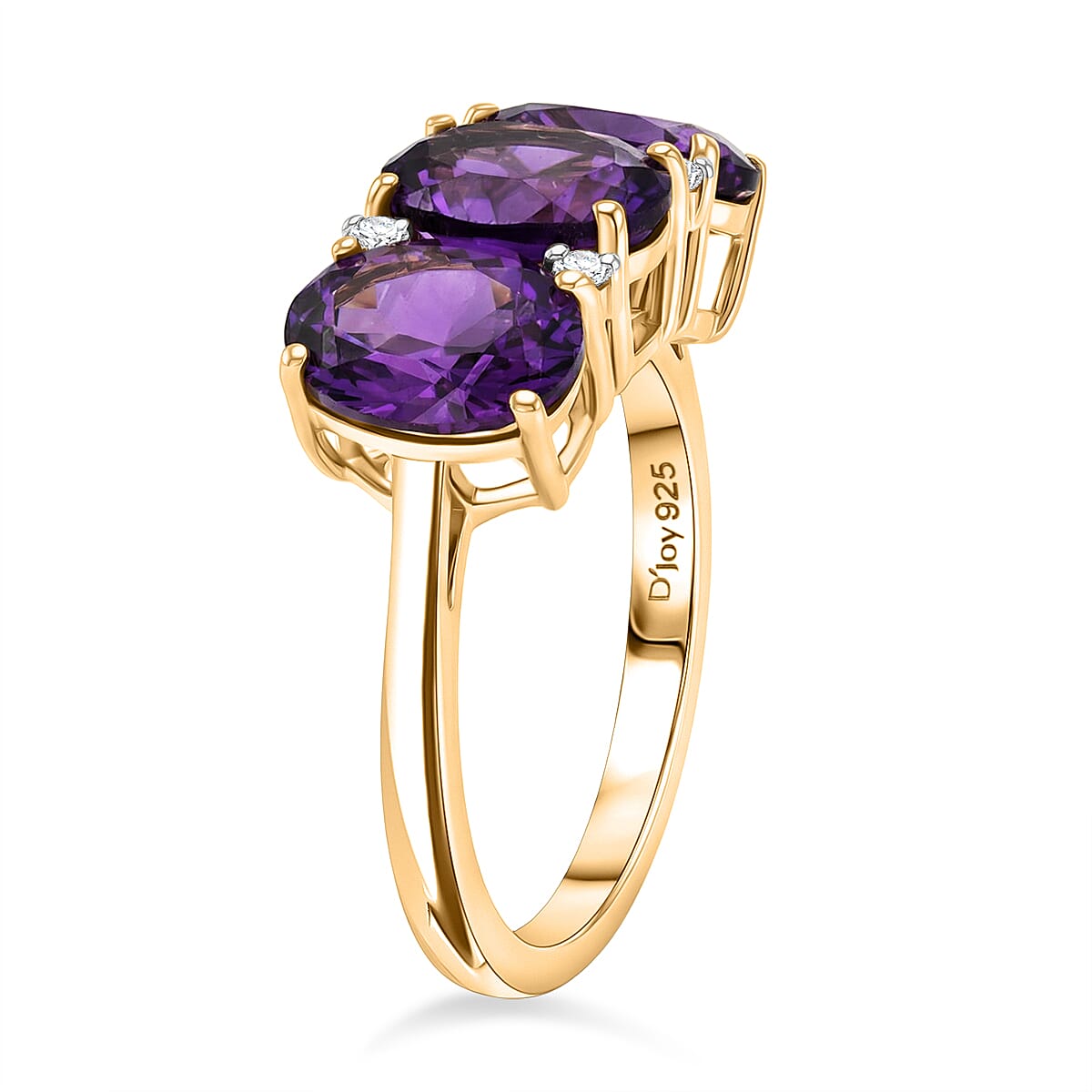 D'Joy AAA African Amethyst &amp; White Zircon Trilogy Ring in Yellow Gold Plated Sterling Silver 3.46 Ct. 8466363 4