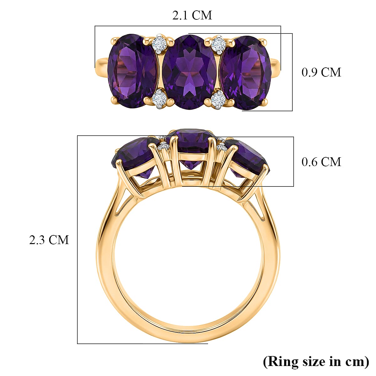 D'Joy AAA African Amethyst &amp; White Zircon Trilogy Ring in Yellow Gold Plated Sterling Silver 3.46 Ct. 8466363 6
