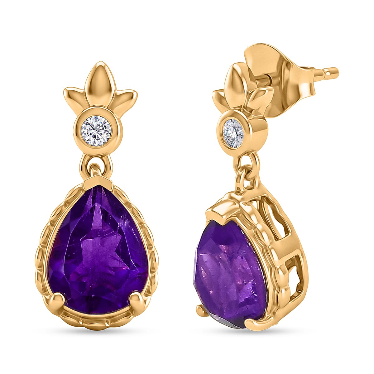 D'Joy AAA African Amethyst &amp; White Zircon Dangling Earring with Push Post in Yellow Gold Plated Sterling Silver 3.02 Ct. 8477629 0