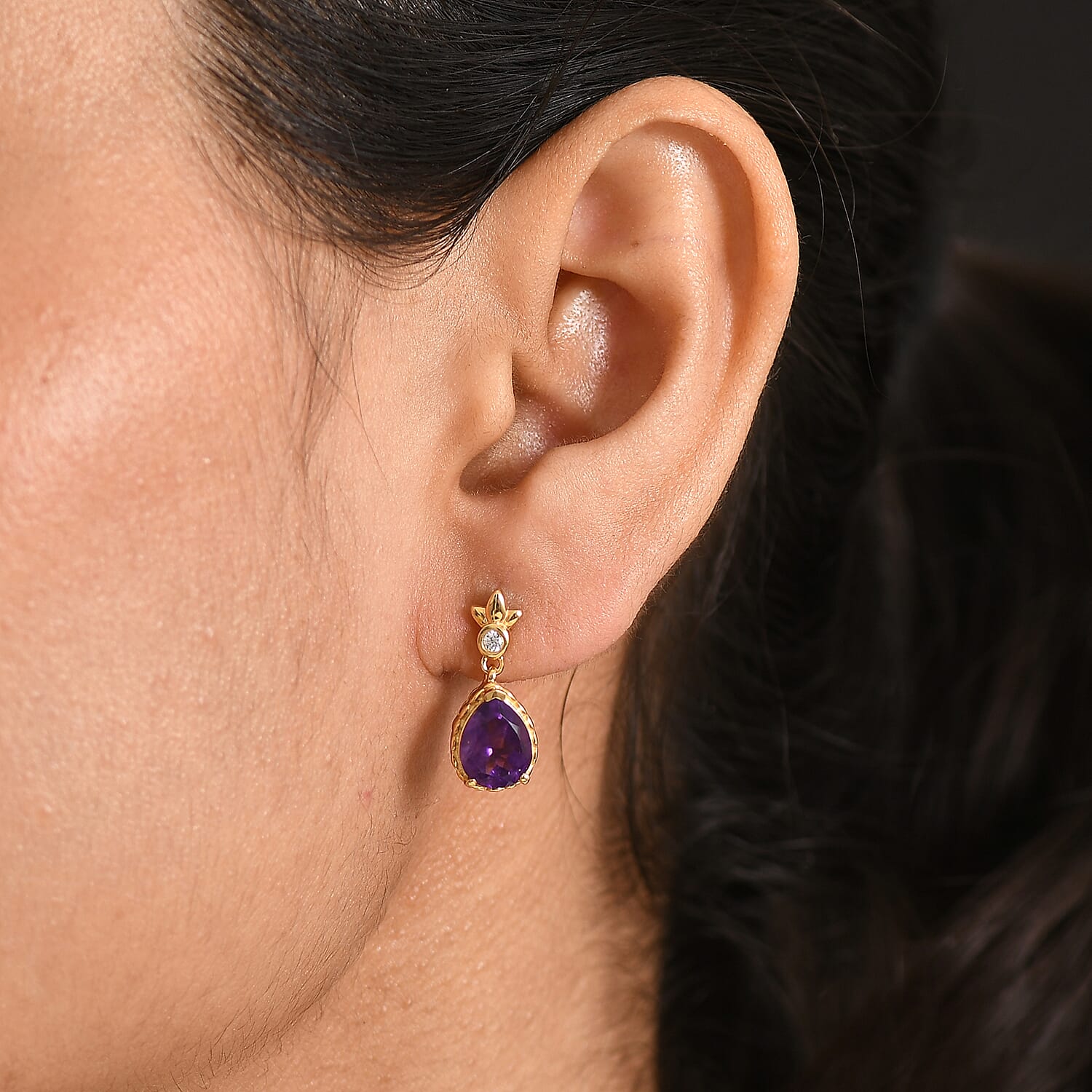 D'Joy AAA African Amethyst &amp; White Zircon Dangling Earring with Push Post in Yellow Gold Plated Sterling Silver 3.02 Ct. 8477629 2