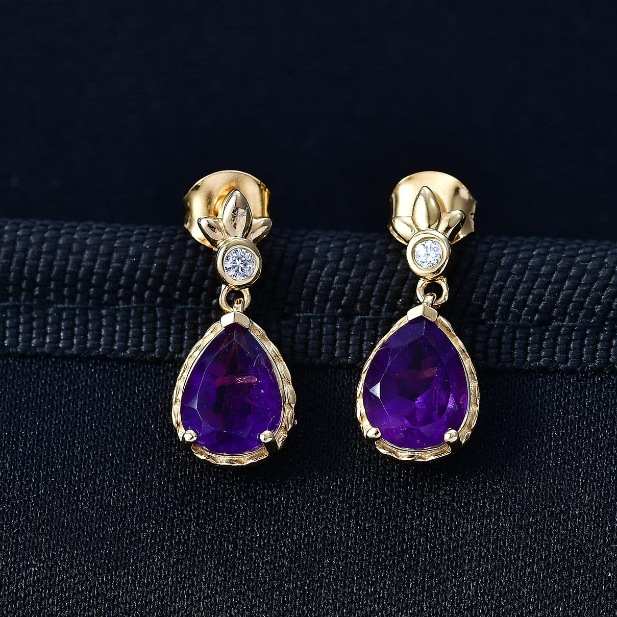 D'Joy AAA African Amethyst &amp; White Zircon Dangling Earring with Push Post in Yellow Gold Plated Sterling Silver 3.02 Ct. 8477629 3