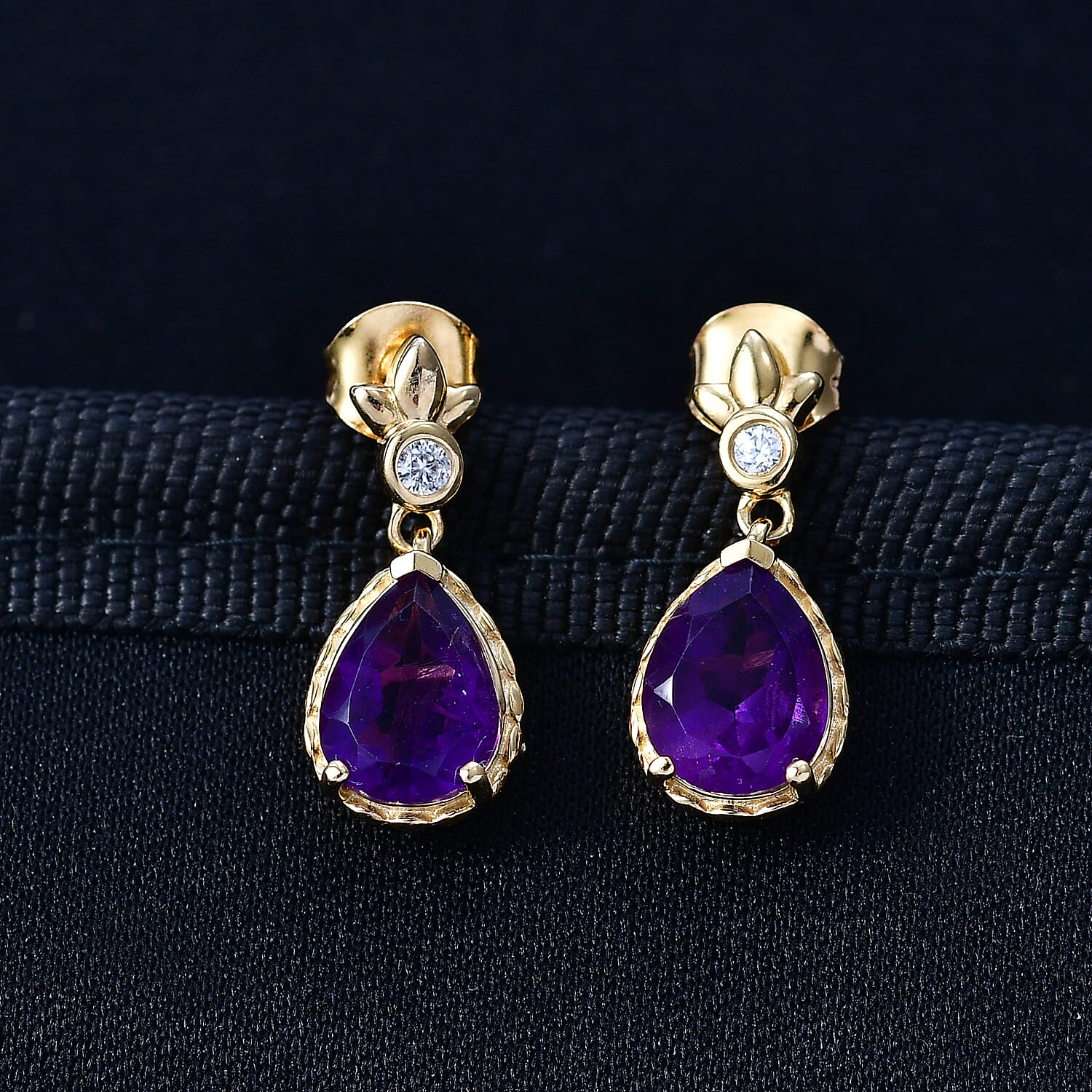 D'Joy AAA African Amethyst &amp; White Zircon Dangling Earring with Push Post in Yellow Gold Plated Sterling Silver 3.02 Ct. 8477629 3