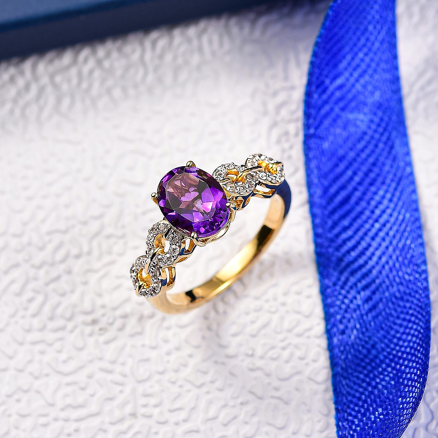 D'Joy African Amethyst, White Zircon Ring in 18K Vermeil Yellow Gold Plated Sterling Silver 2.08 Ct. 8292003 2