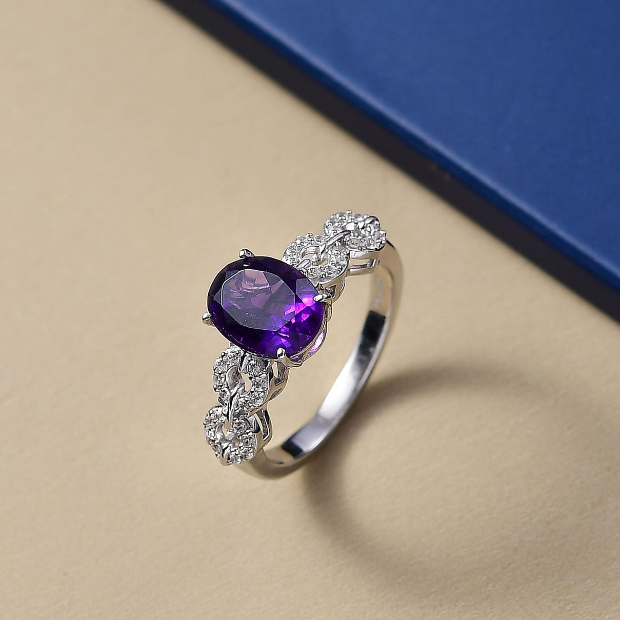 D'Joy African Amethyst, White Zircon Ring in Rhodium Overlay Sterling Silver 2.08 Ct. V32528690 2