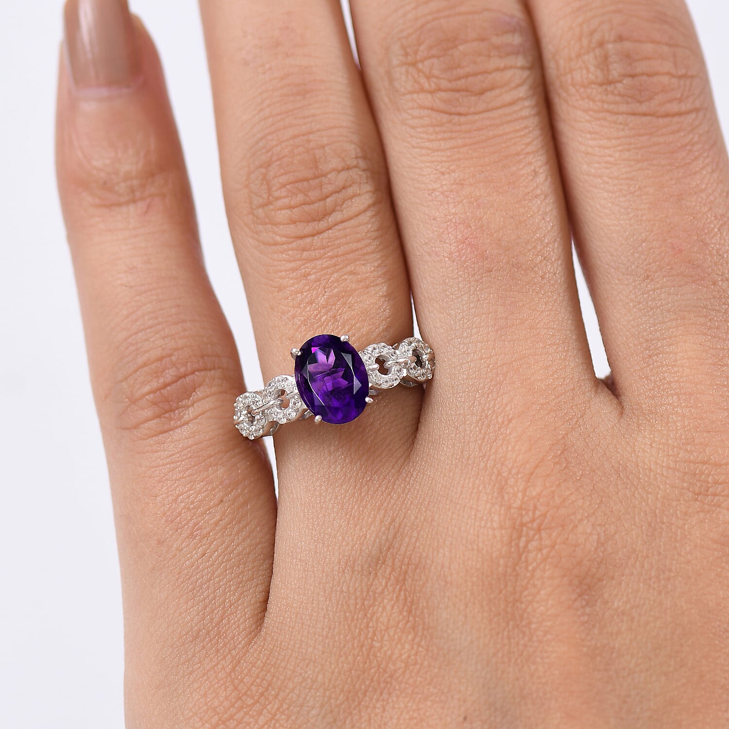 D'Joy African Amethyst, White Zircon Ring in Rhodium Overlay Sterling Silver 2.08 Ct. V32528690 3