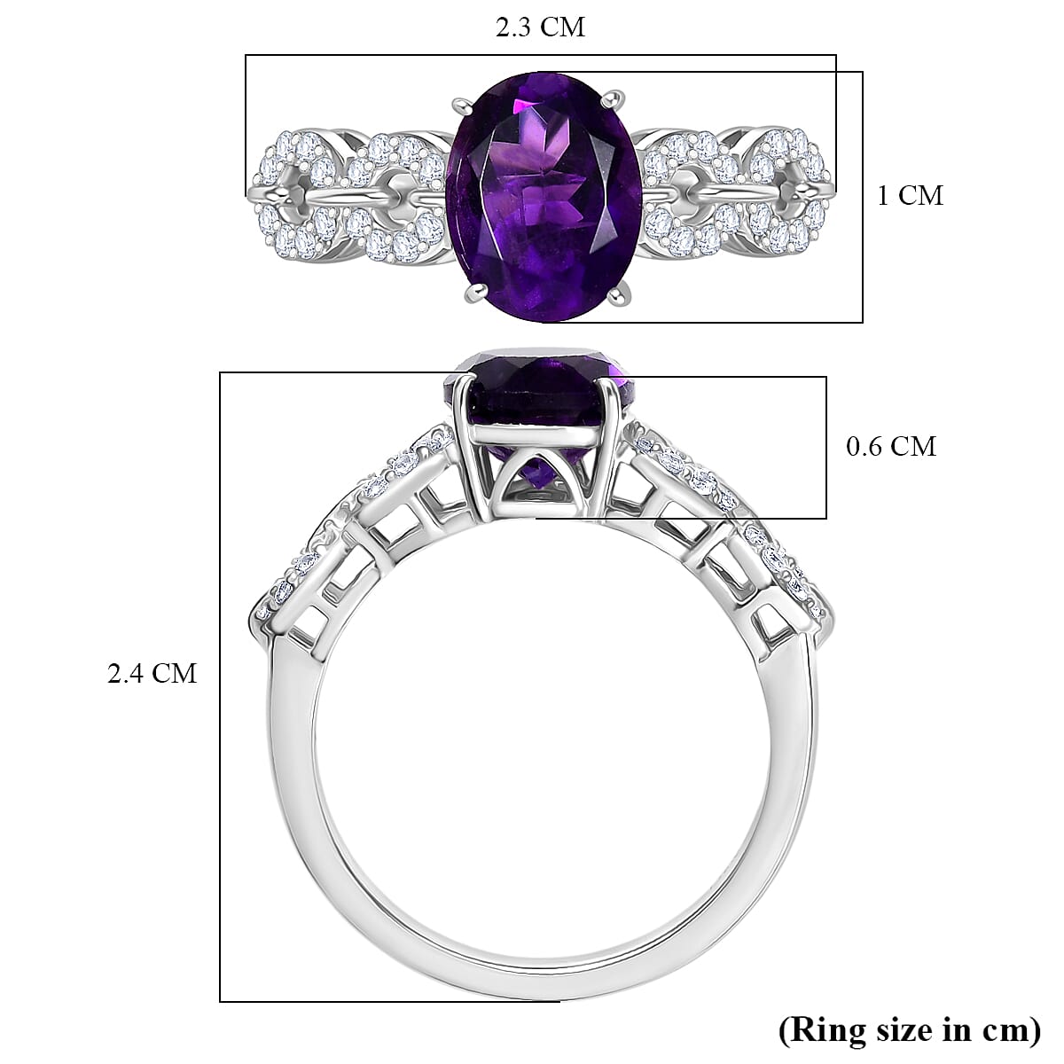 D'Joy African Amethyst, White Zircon Ring in Rhodium Overlay Sterling Silver 2.08 Ct. V32528690 6