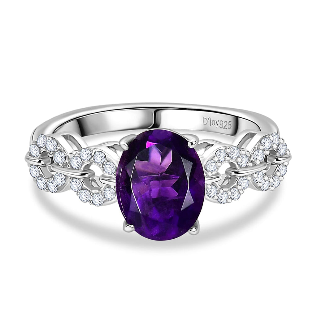 D'Joy African Amethyst & White Zircon Ring in Rhodium Overlay Sterling Silver 2.08 Ct.