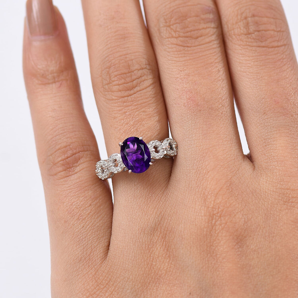 D'Joy African Amethyst, White Zircon Ring in Rhodium Overlay Sterling Silver 2.08 Ct. V32519753 3