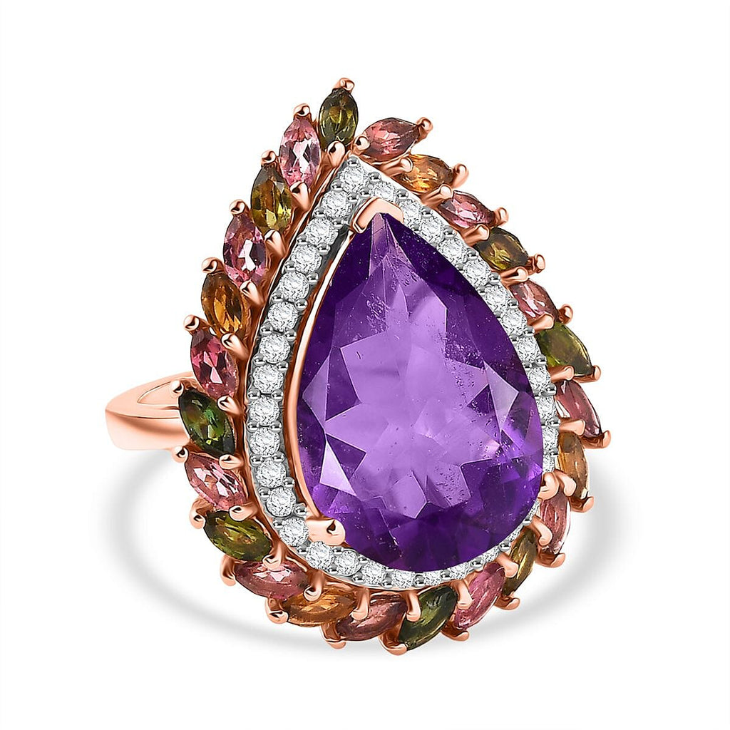 D'Joy African Amethyst, White Zircon & Multi-Tourmaline Ring in 18K Vermeil Rose Gold Plated Sterling Silver 11.90 Ct, Silver Wt. 6.48 Gms.