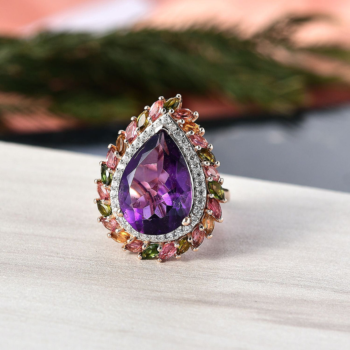 D'Joy African Amethyst, White Zircon &amp; Multi-Tourmaline Ring in 18K Vermeil Rose Gold Plated Sterling Silver 11.90 Ct, Silver Wt. 6.48 Gms. 8269994 2