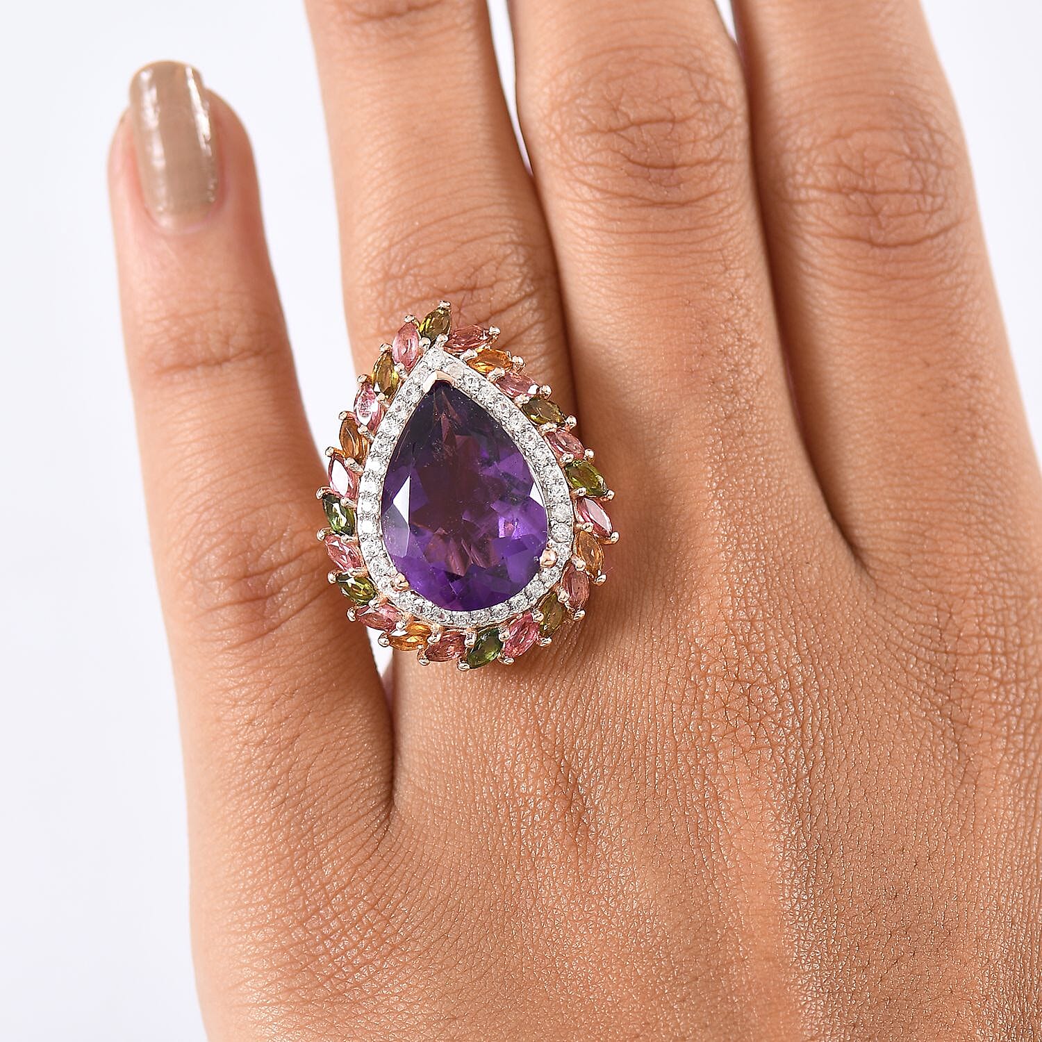 D'Joy African Amethyst, White Zircon &amp; Multi-Tourmaline Ring in 18K Vermeil Rose Gold Plated Sterling Silver 11.90 Ct, Silver Wt. 6.48 Gms. 8269994 3