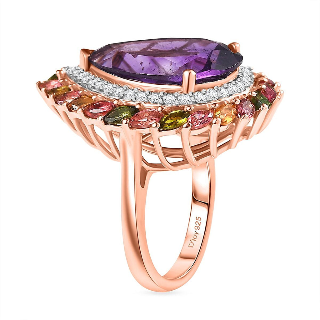 D'Joy African Amethyst, White Zircon & Multi-Tourmaline Ring in 18K Vermeil Rose Gold Plated Sterling Silver 11.90 Ct, Silver Wt. 6.48 Gms.